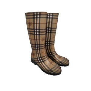 Burberry Haymarket Plaid Check Rain Tall Boots Brown Women's Size 39 US 6
